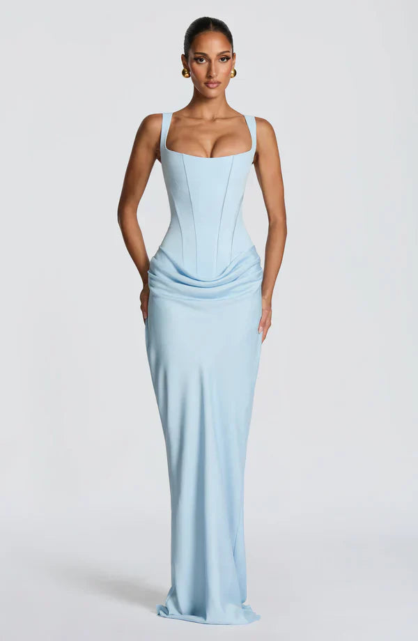 Vestido largo mujer bustier estructurado escote cuadrado drapeado