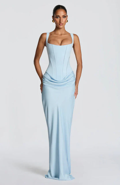 Vestido largo mujer bustier estructurado escote cuadrado drapeado