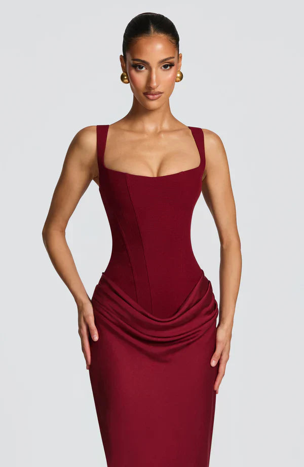 Vestido largo mujer bustier estructurado escote cuadrado drapeado