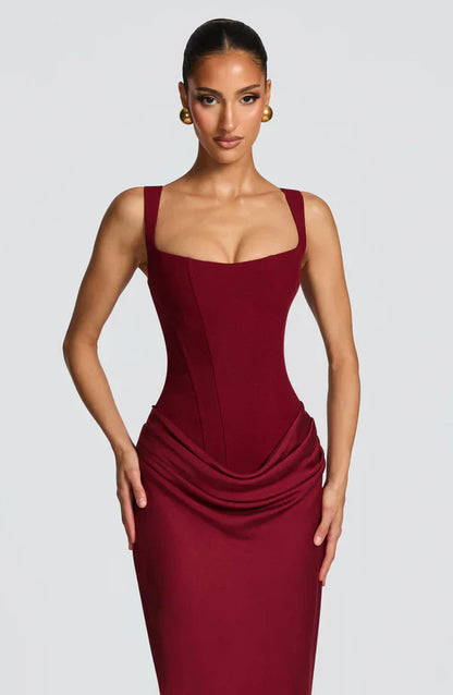 Vestido largo mujer bustier estructurado escote cuadrado drapeado