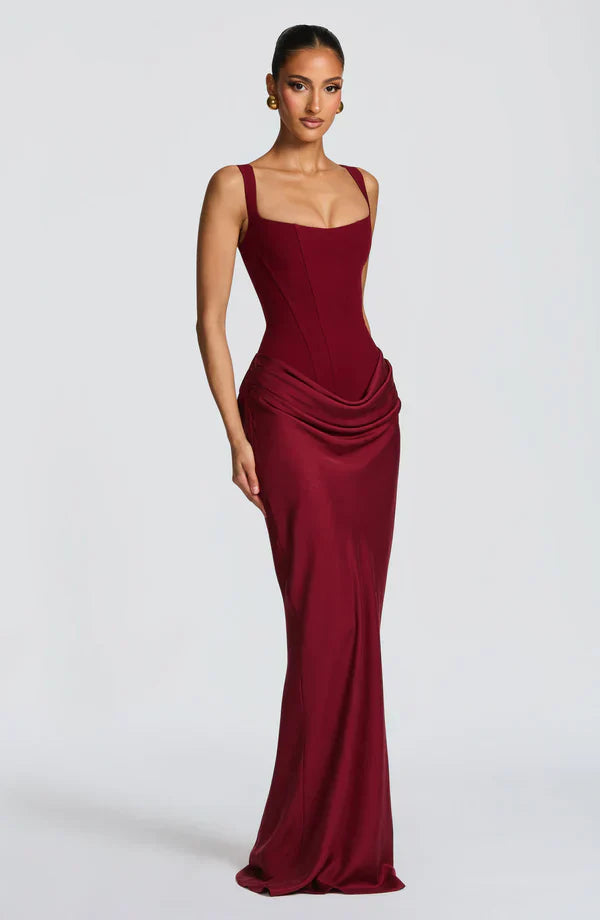 Vestido largo mujer bustier estructurado escote cuadrado drapeado