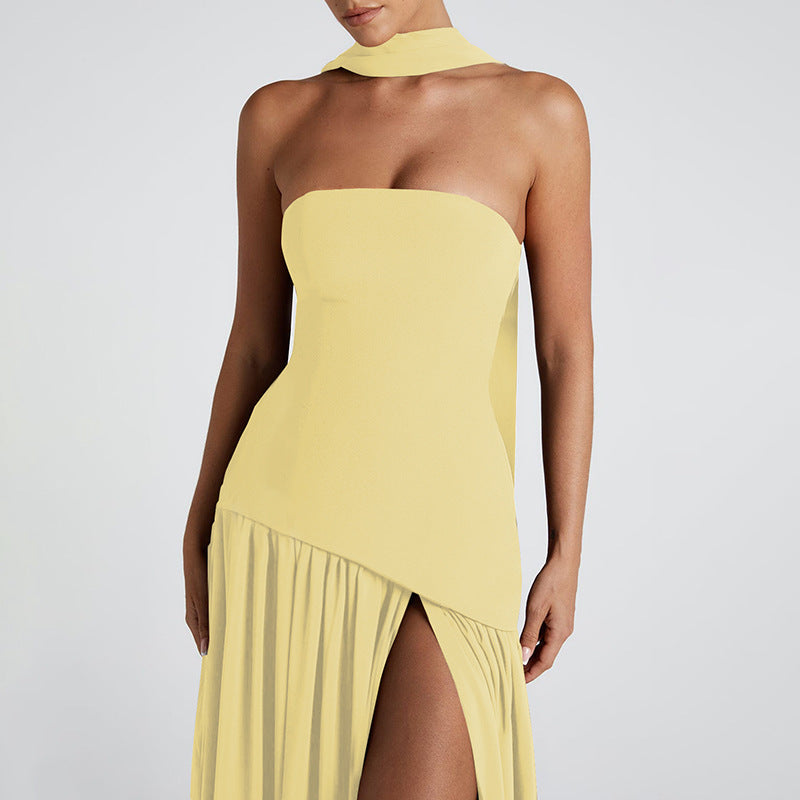Vestido largo mujer palabra de honor abertura alta cintura asimétrica