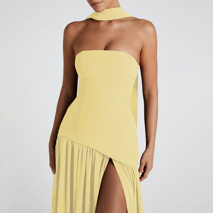 Vestido largo mujer palabra de honor abertura alta cintura asimétrica