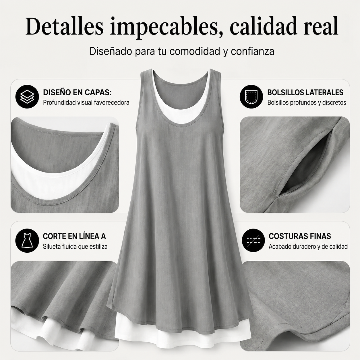 Vestido veraniego sin tirantes con efecto superpuesto