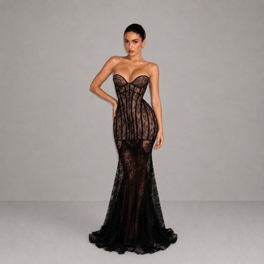 Vestido largo de mujer negro con corpiño de encaje