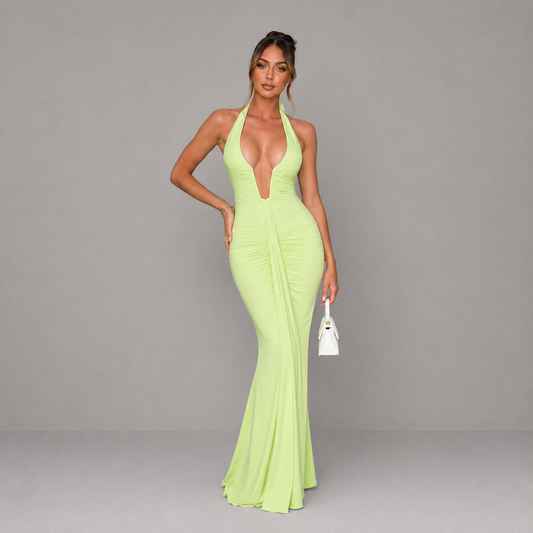 Vestido largo de verano de mujer con escote pronunciado y espalda descubierta