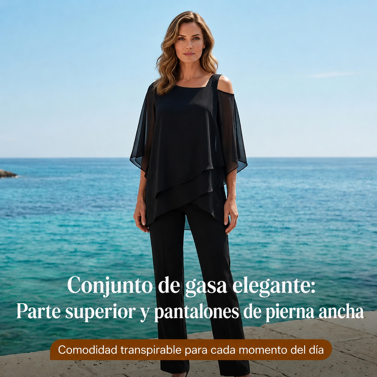 Conjunto de dos piezas para mujer: top asimétrico y pantalones anchos👚👖