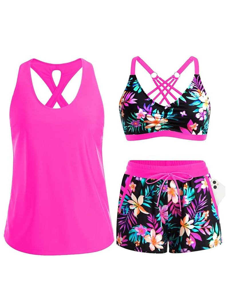 Conjunto de playa con top sin mangas cruzado y pantalón estampado con cordón ajustable.