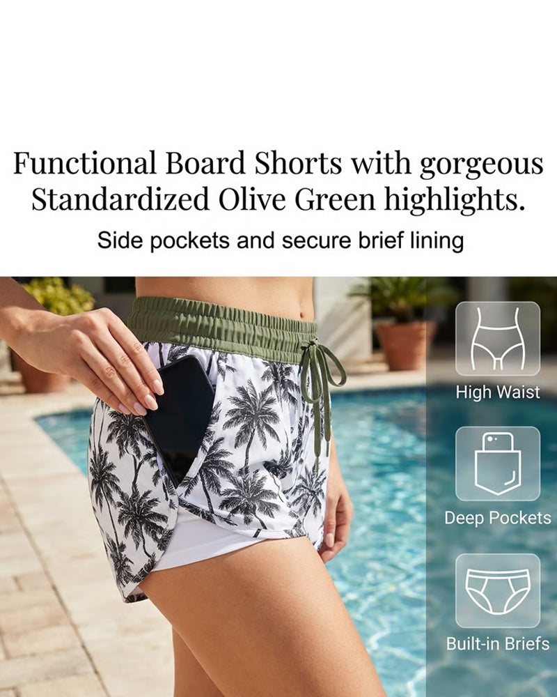 Conjunto de playa con top sin mangas cruzado y pantalón estampado con cordón ajustable.