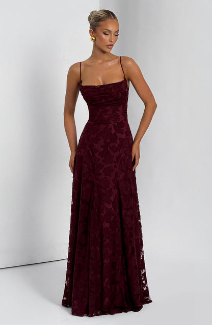 Vestido largo mujer escote drapeado espalda de encaje tirantes finos motivo calado