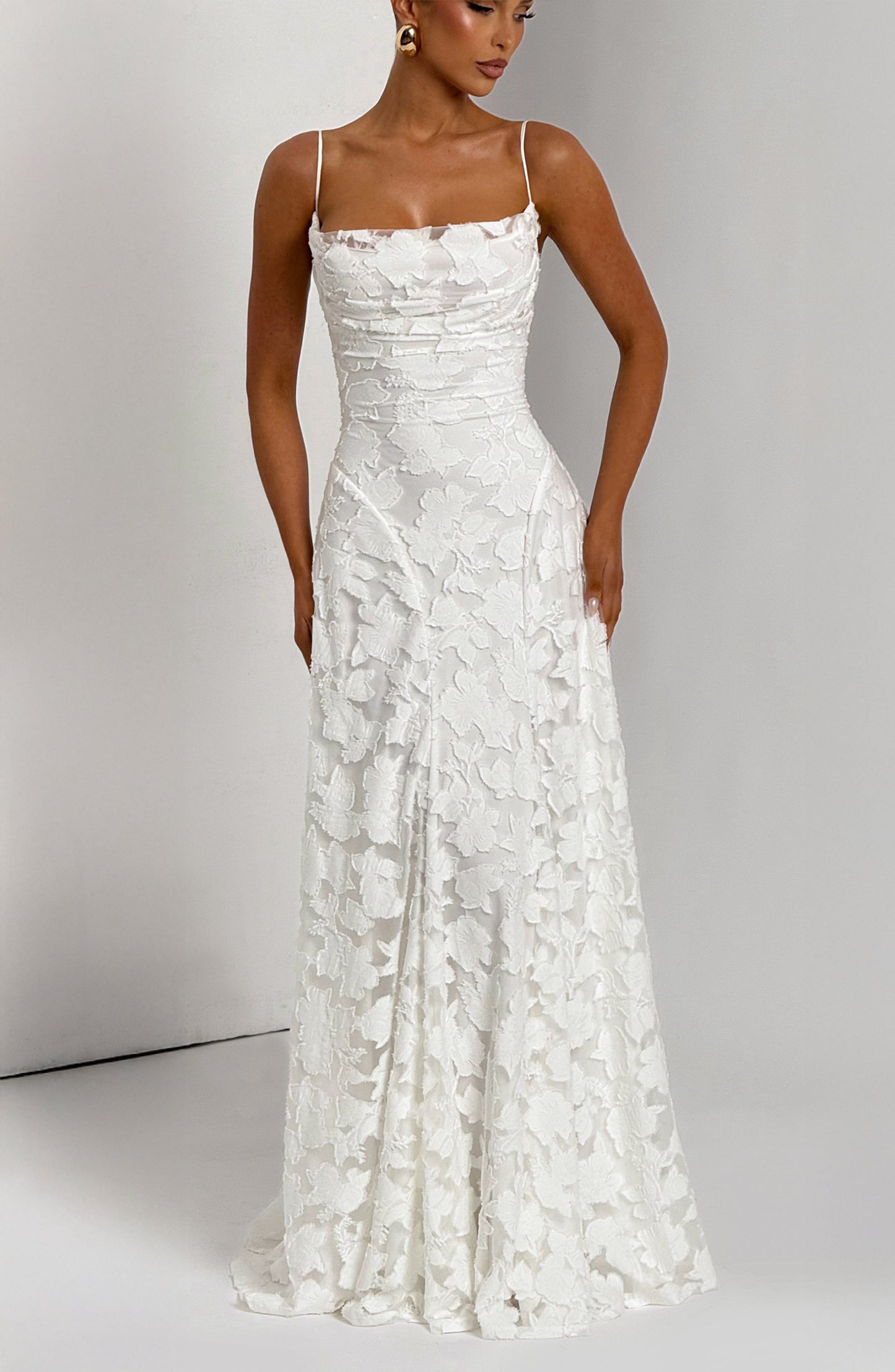 Vestido largo mujer escote drapeado espalda de encaje tirantes finos motivo calado