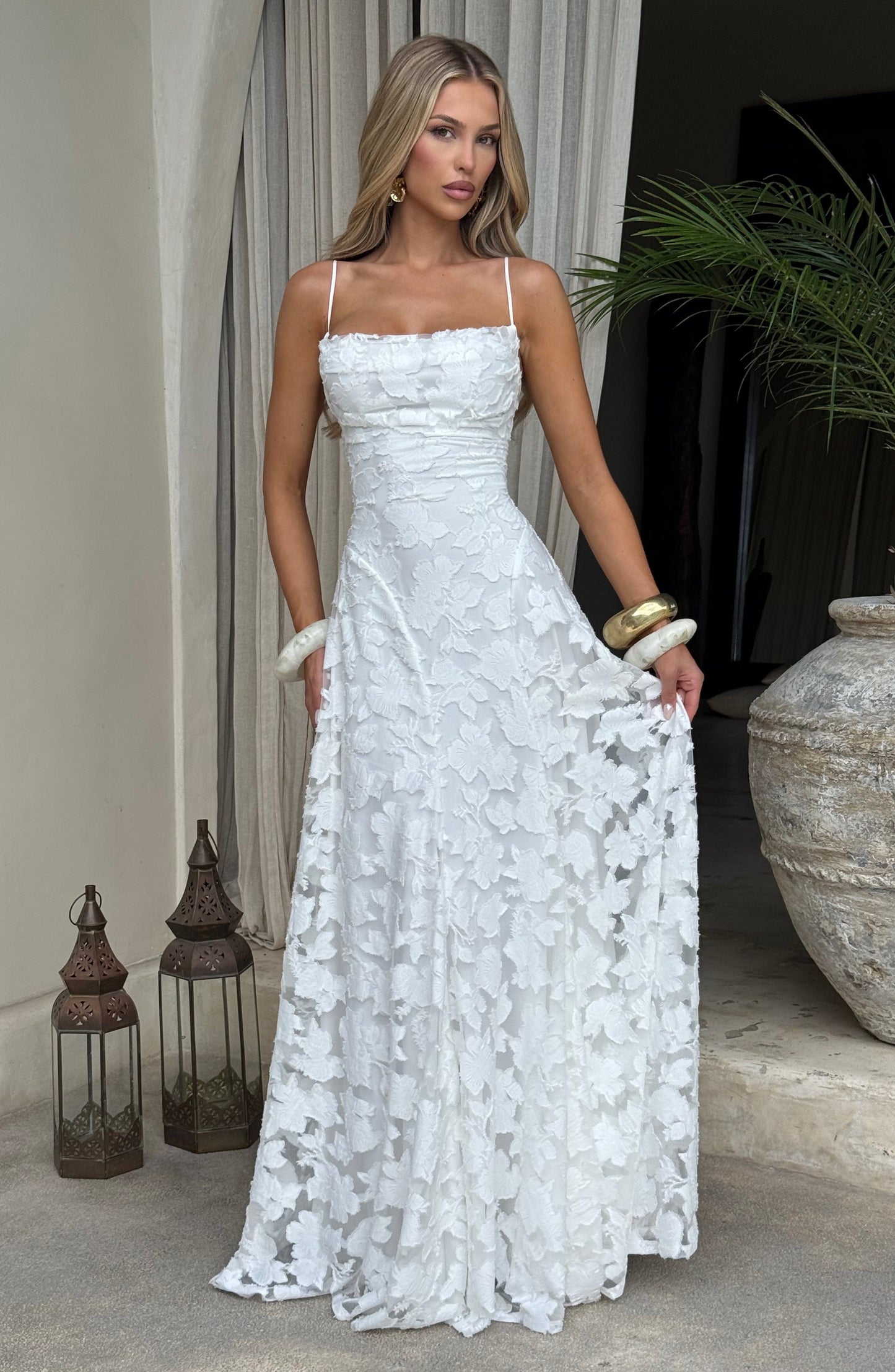 Vestido largo mujer escote drapeado espalda de encaje tirantes finos motivo calado