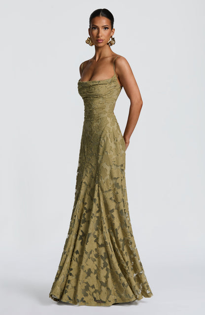 Vestido largo mujer escote drapeado espalda de encaje tirantes finos motivo calado