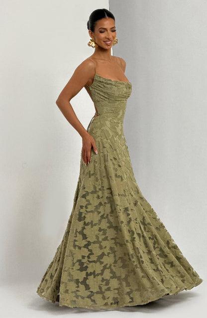 Vestido largo mujer escote drapeado espalda de encaje tirantes finos motivo calado