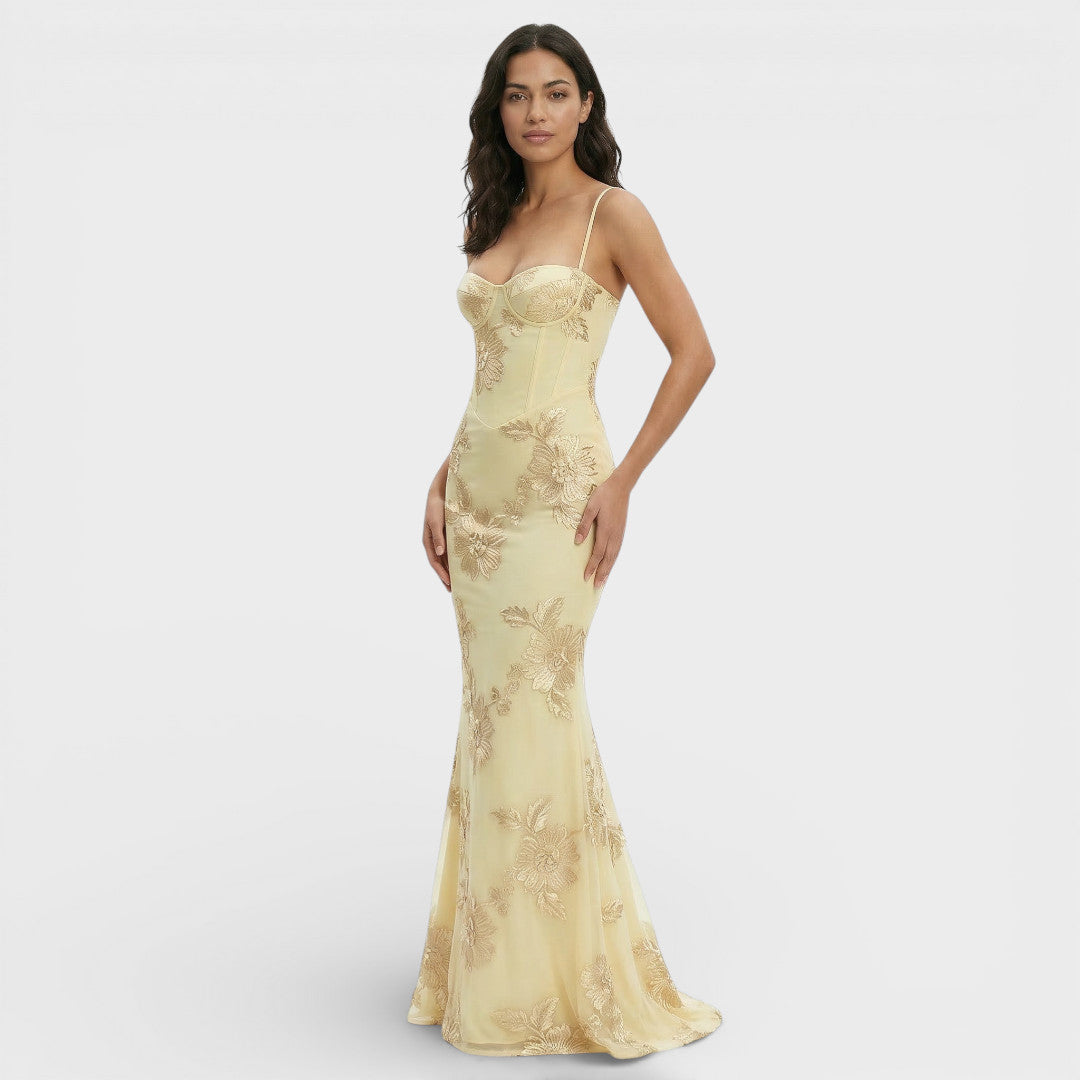 Vestido largo mujer tirantes finos bustier con corsé bordado