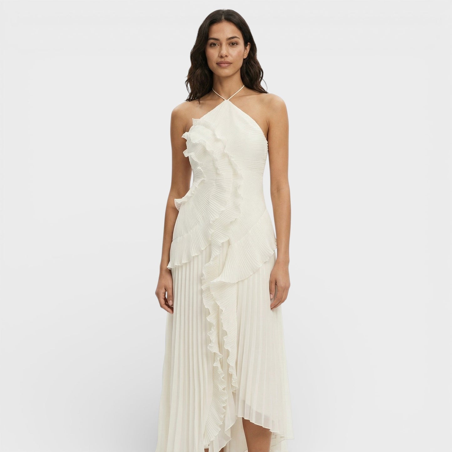 Vestido largo mujer cuello halter plisado volantes asimétricos