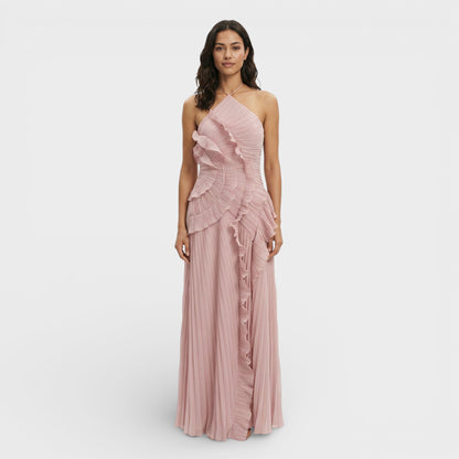 Vestido largo mujer cuello halter plisado volantes asimétricos