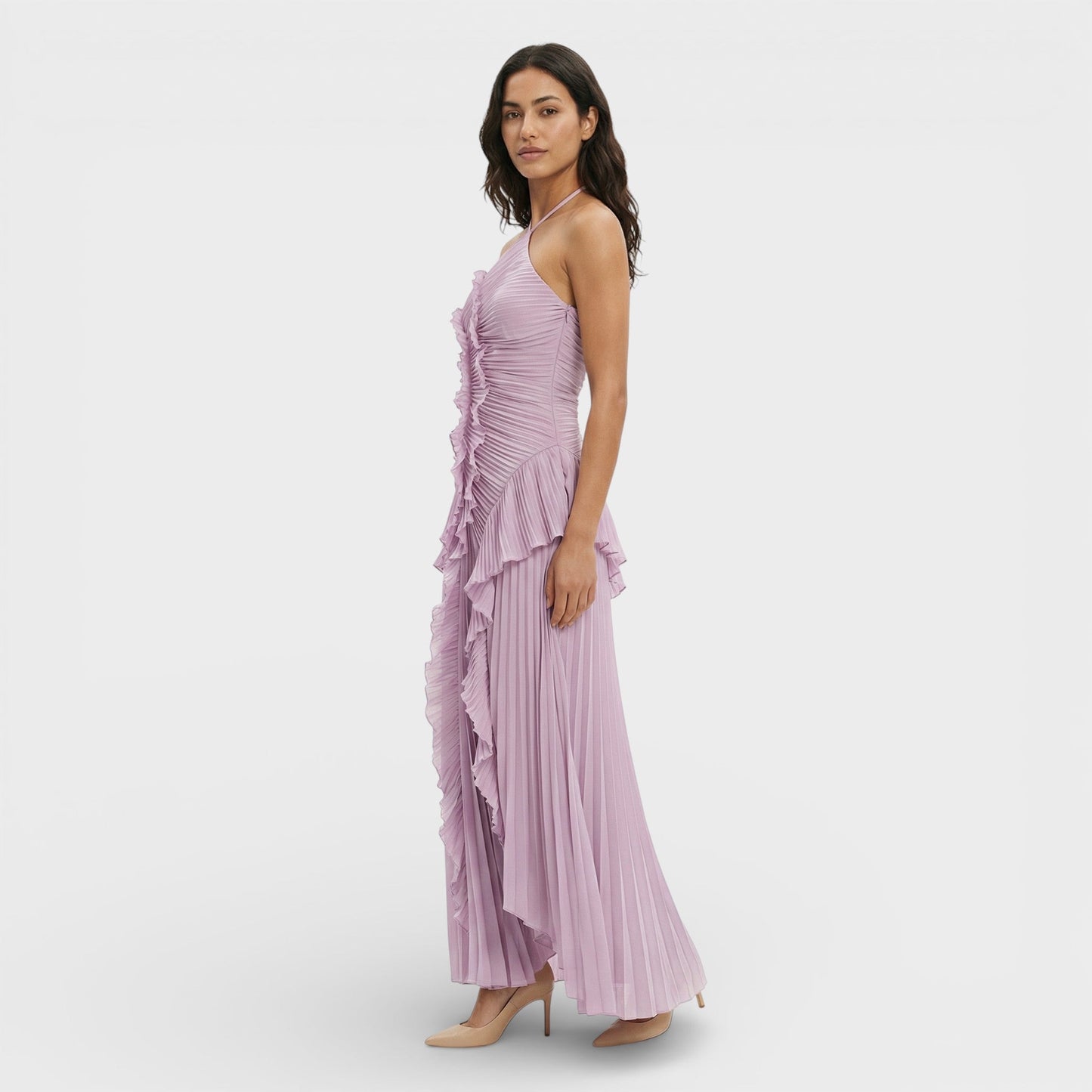 Vestido largo mujer cuello halter plisado volantes asimétricos