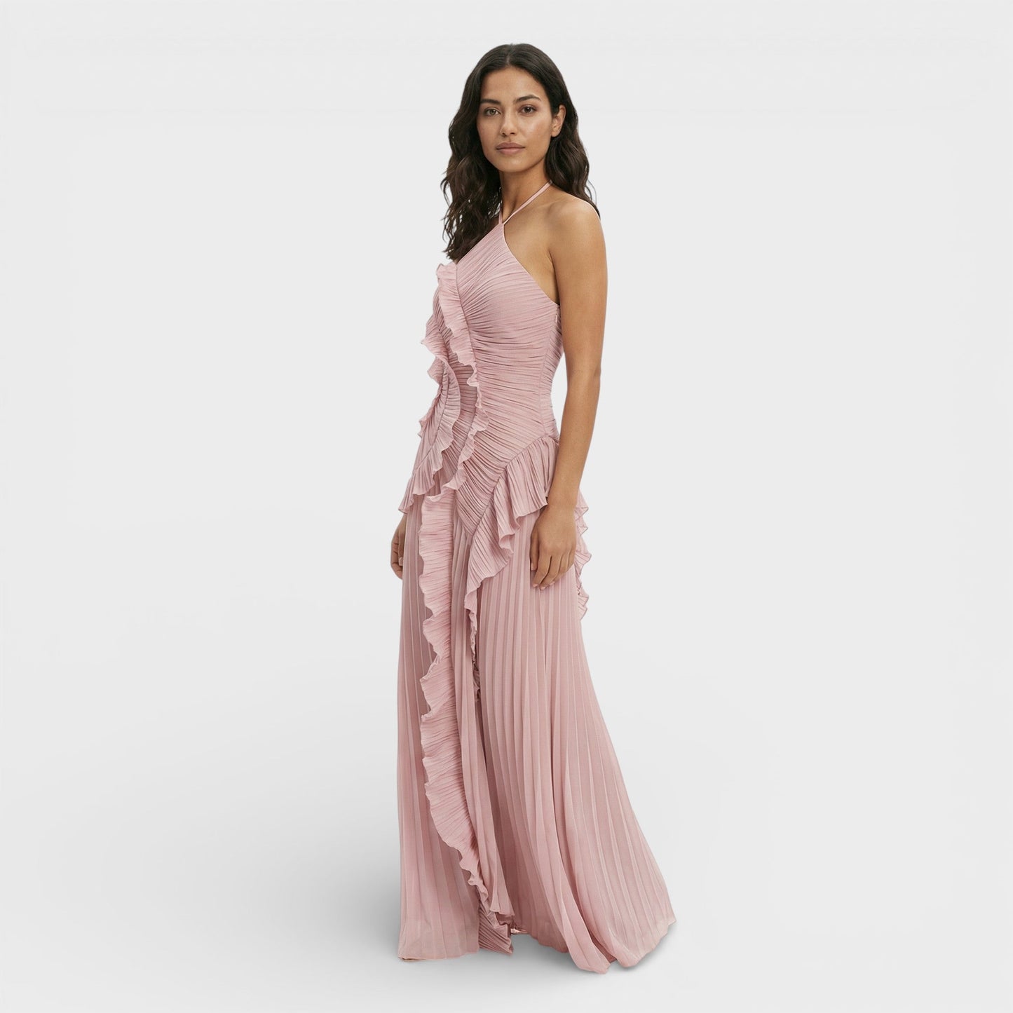 Vestido largo mujer cuello halter plisado volantes asimétricos