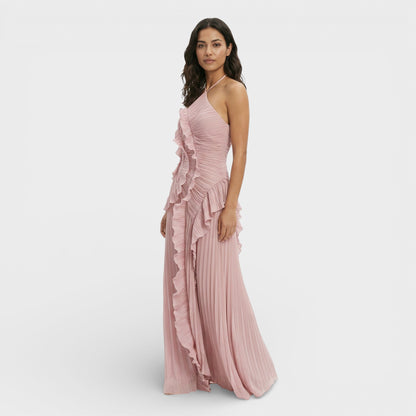 Vestido largo mujer cuello halter plisado volantes asimétricos