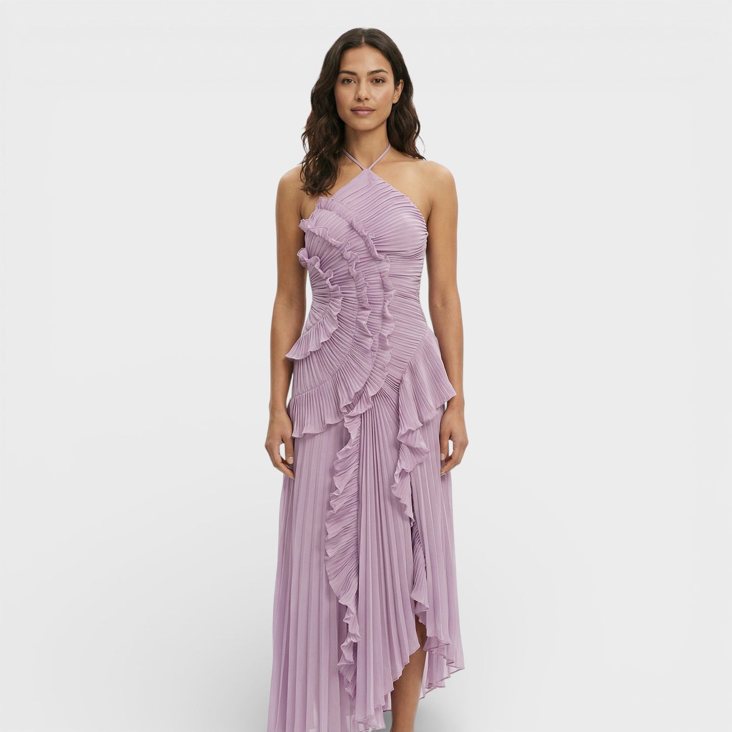 Vestido largo mujer cuello halter plisado volantes asimétricos