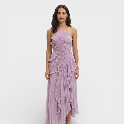 Vestido largo mujer cuello halter plisado volantes asimétricos