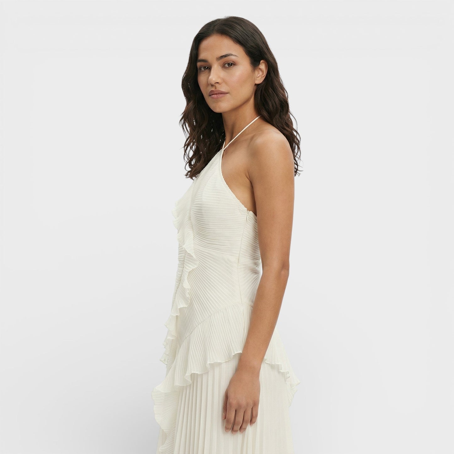 Vestido largo mujer cuello halter plisado volantes asimétricos