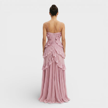 Vestido largo mujer cuello halter plisado volantes asimétricos