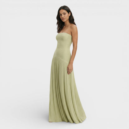 Vestido largo mujer verde claro palabra de honor fruncido plisado