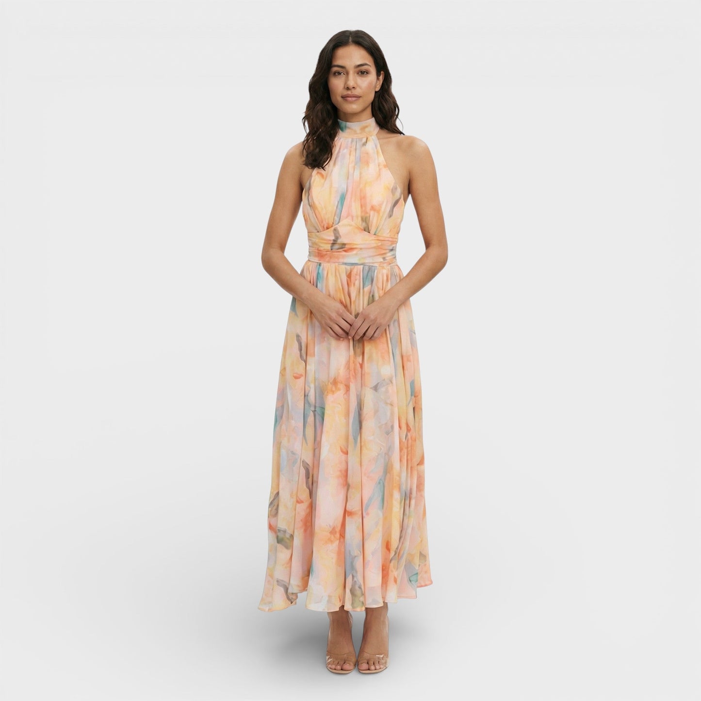 MARTA – Vestido maxi estampado acuarela con cuello halter