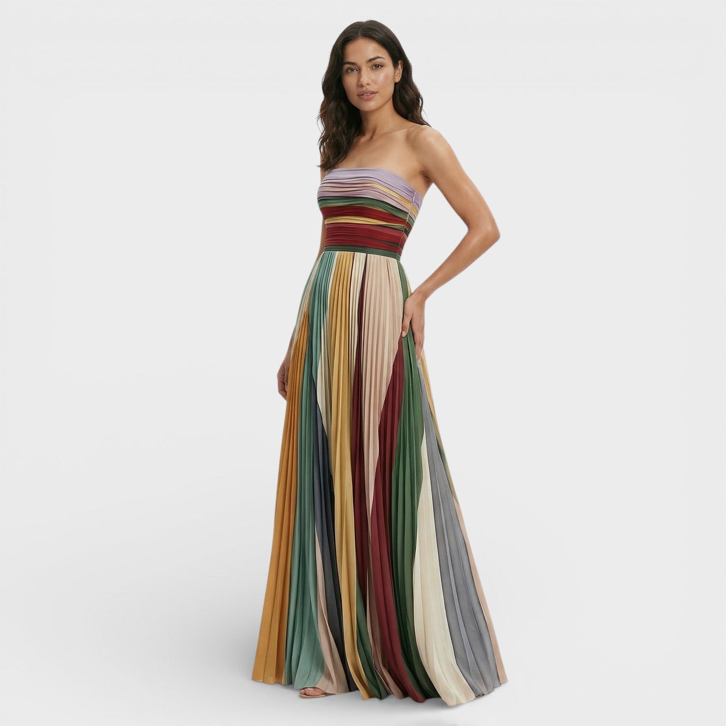 Vestido largo mujer multicolor bustier plisado fruncido