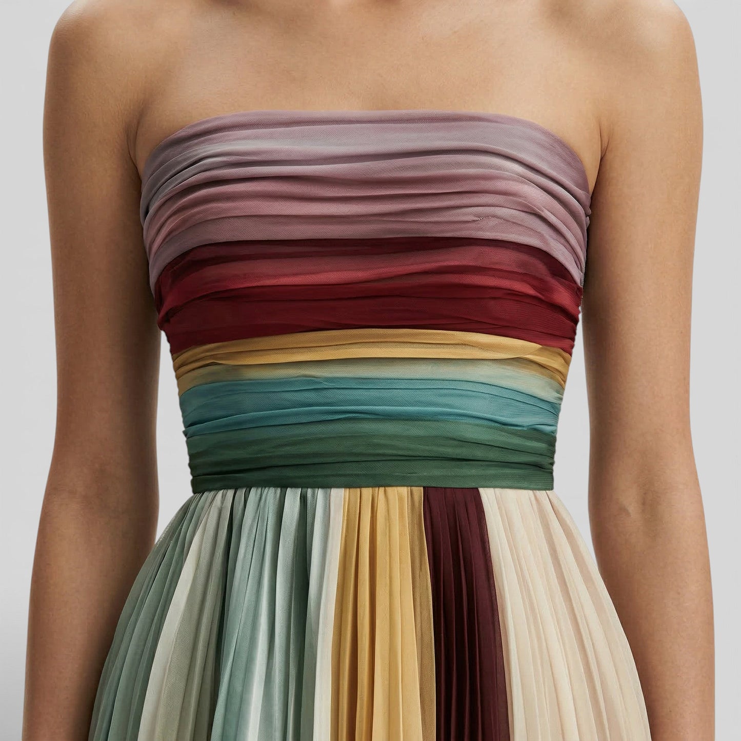 Vestido largo mujer multicolor bustier plisado fruncido
