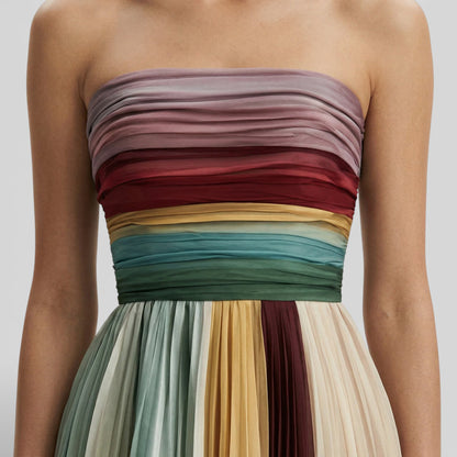 Vestido largo mujer multicolor bustier plisado fruncido
