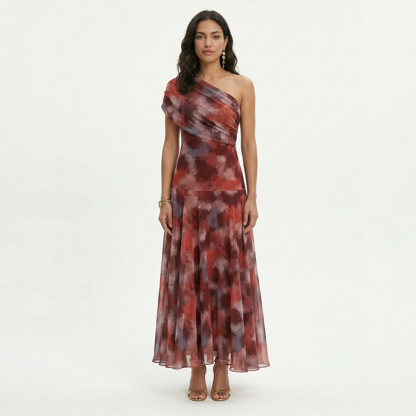 Vestido largo mujer multicolor asimétrico cuerpo fruncido