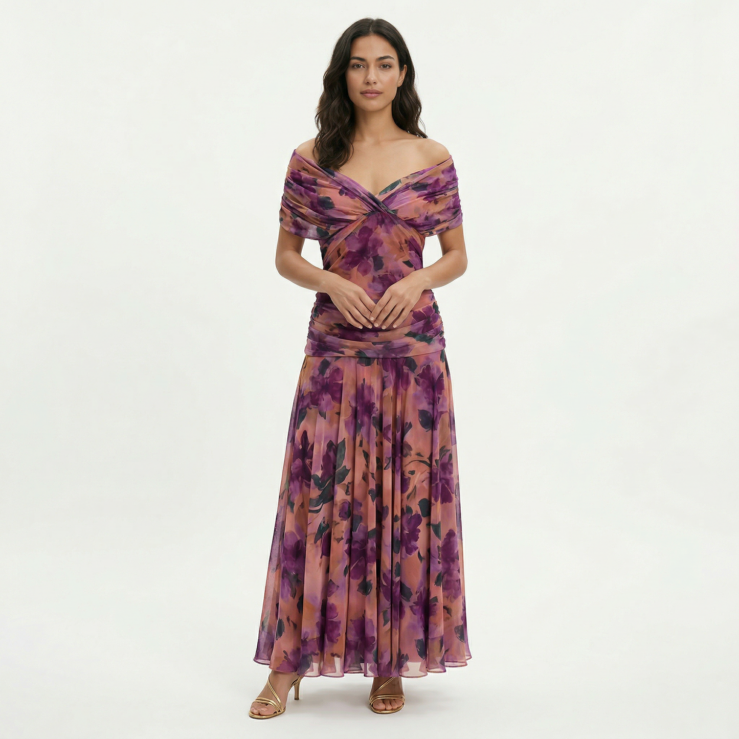 Vestido largo mujer multicolor Hombros descubiertos lazo frontal