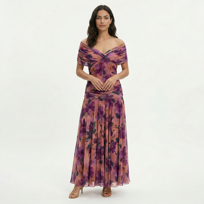 Vestido largo mujer multicolor Hombros descubiertos lazo frontal