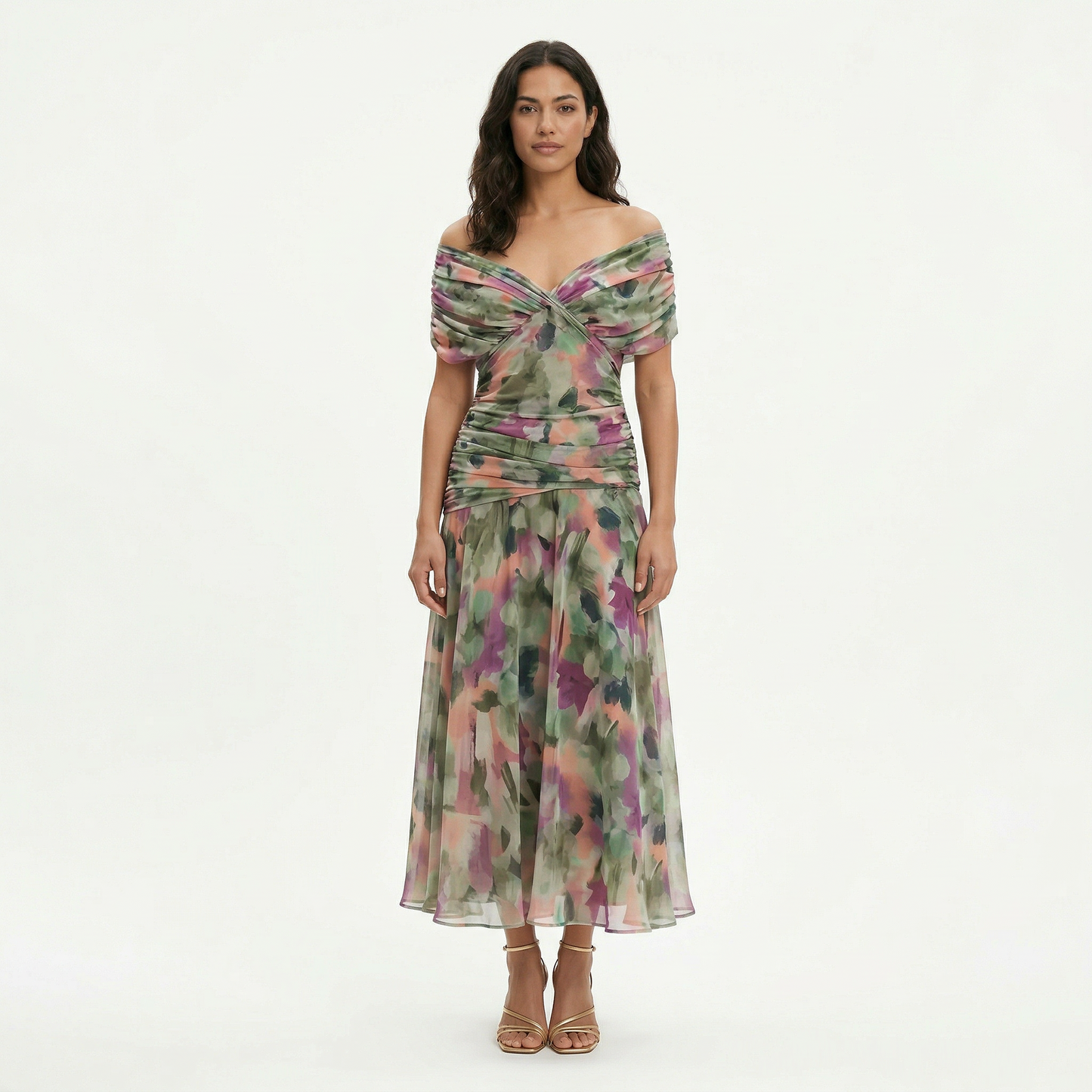 Vestido largo mujer multicolor Hombros descubiertos lazo frontal