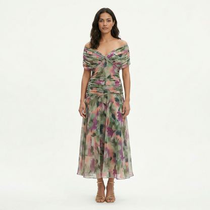 Vestido largo mujer multicolor Hombros descubiertos lazo frontal