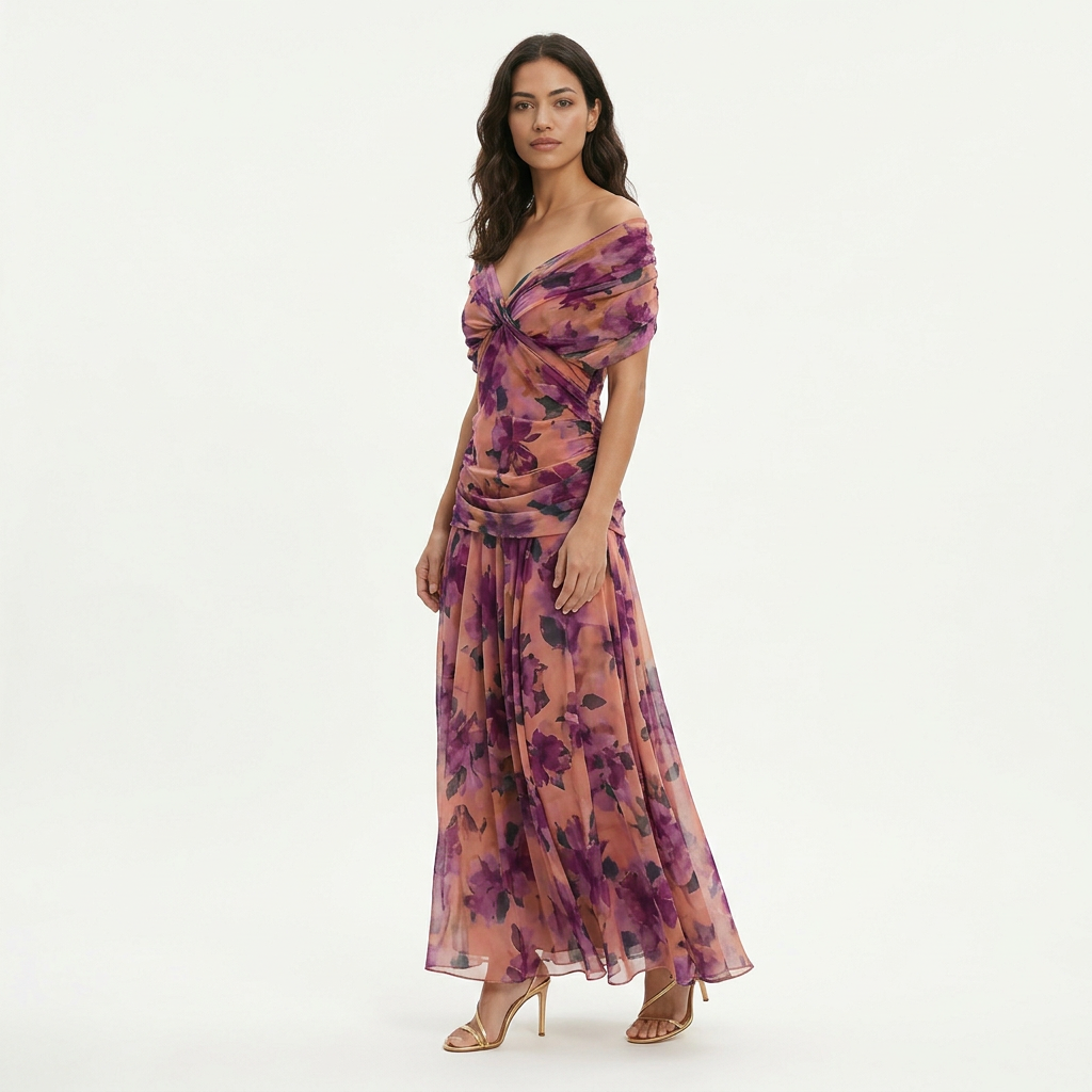 Vestido largo mujer multicolor Hombros descubiertos lazo frontal