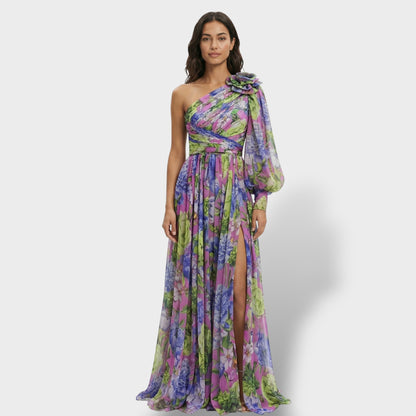 Vestido largo mujer multicolor asimétrico flor en el Hombro abertura