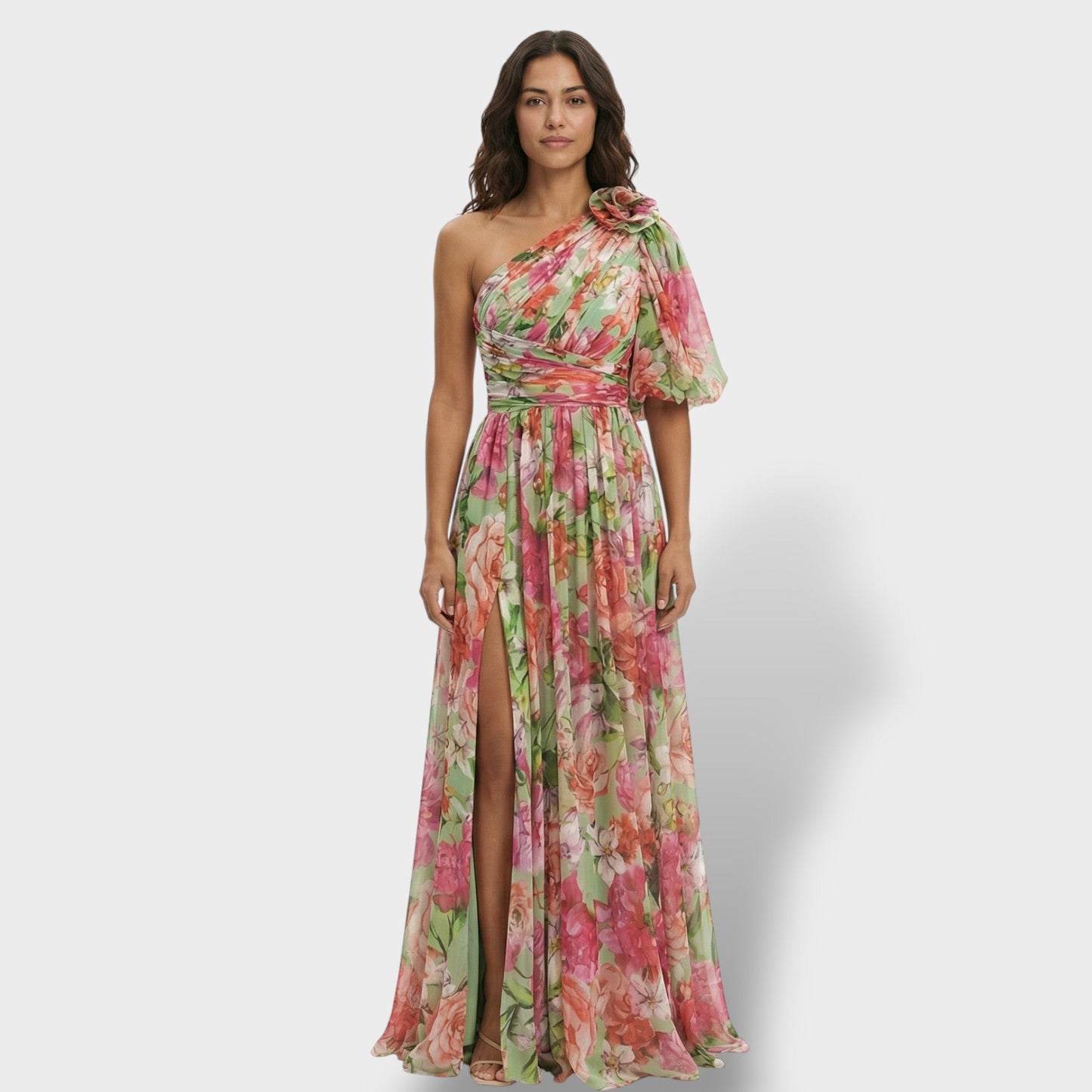 Vestido largo mujer multicolor asimétrico flor en el Hombro abertura