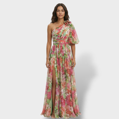Vestido largo mujer multicolor asimétrico flor en el Hombro abertura