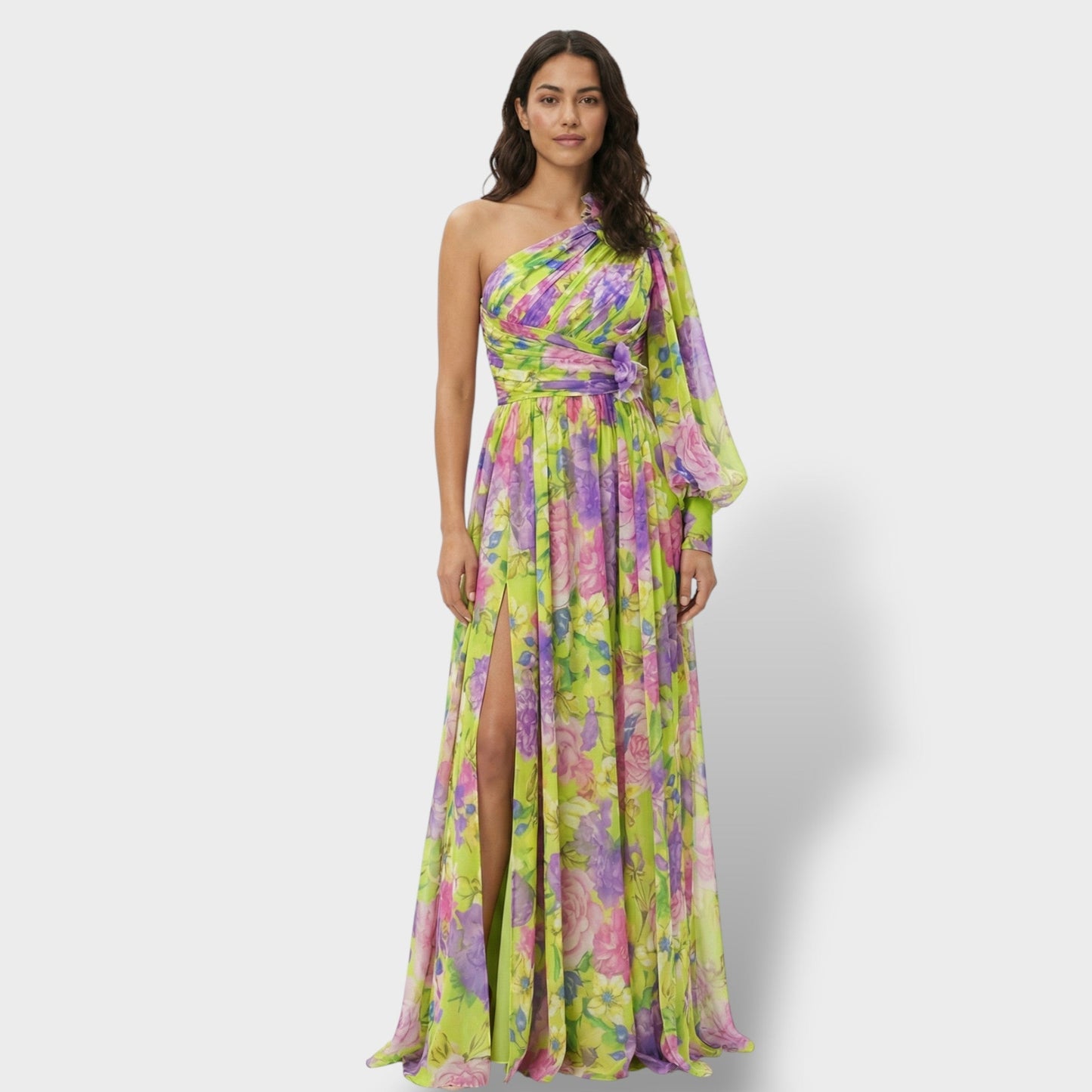 Vestido largo mujer multicolor asimétrico flor en el Hombro abertura