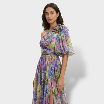 Vestido largo mujer multicolor asimétrico flor en el Hombro abertura