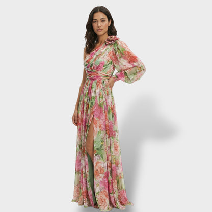 Vestido largo mujer multicolor asimétrico flor en el Hombro abertura