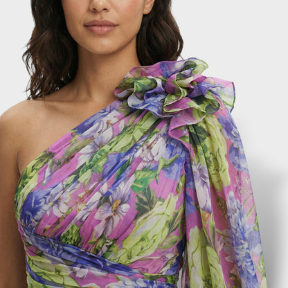 Vestido largo mujer multicolor asimétrico flor en el Hombro abertura