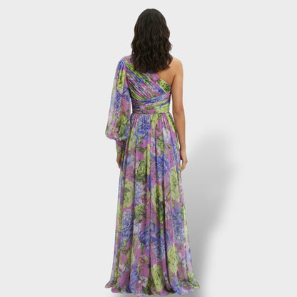 Vestido largo mujer multicolor asimétrico flor en el Hombro abertura