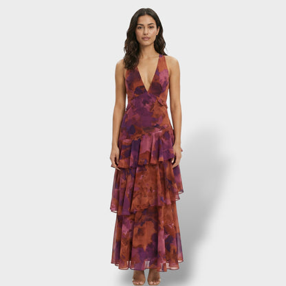 Vestido largo mujer multicolor escote en V volantes estampado espalda con lazada