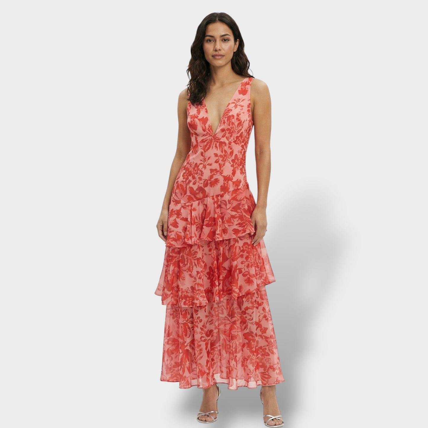 Vestido largo mujer multicolor escote en V volantes estampado espalda con lazada
