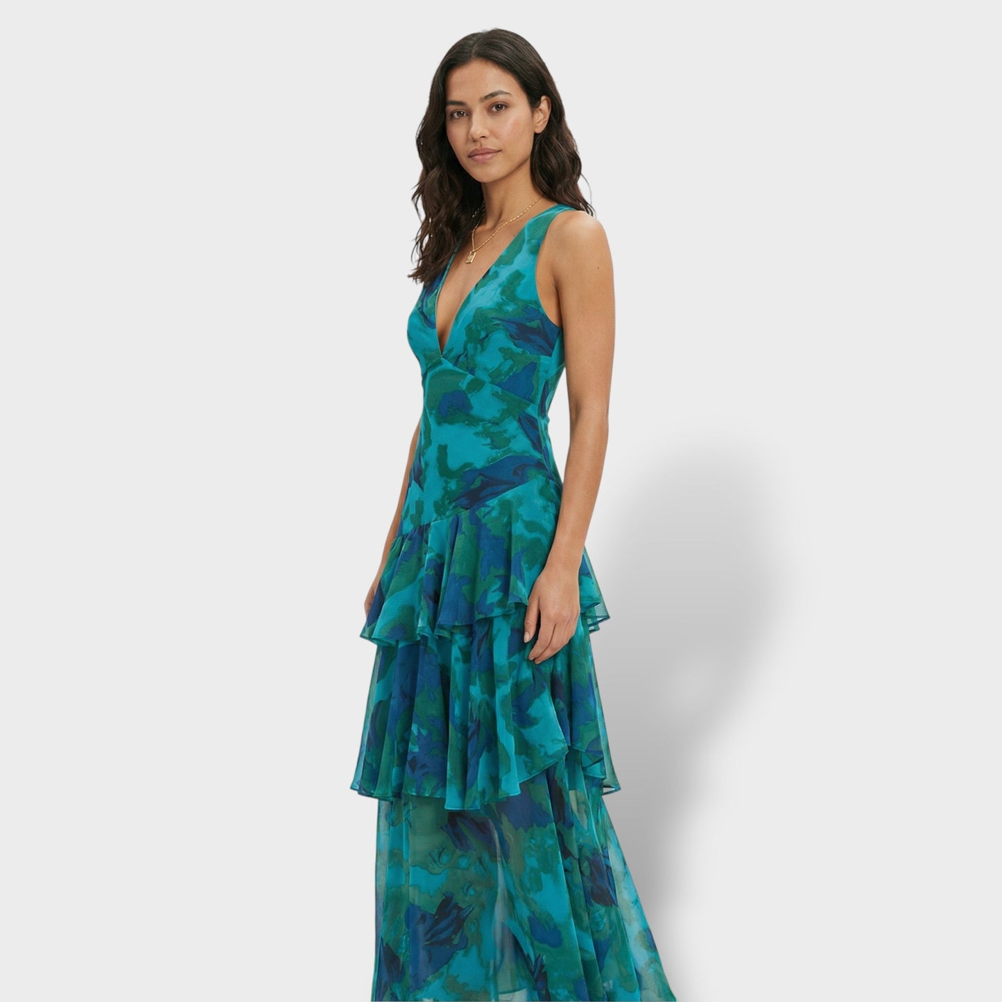 Vestido largo mujer multicolor escote en V volantes estampado espalda con lazada